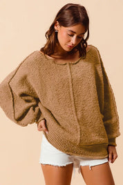 SO ME Loose Fit Exposed Seam Slouchy Boucle Sweater Taupe | Sweaters Daverri Fashions