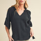 Aemi + Co Side Slit Notched Ruffled Half Sleeve Blouse Black Blouses