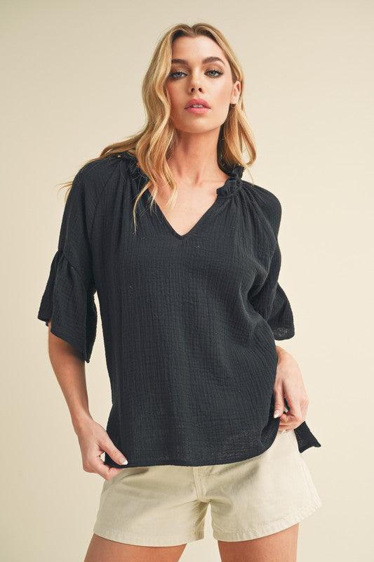 Aemi + Co Side Slit Notched Ruffled Half Sleeve Blouse Black Blouses