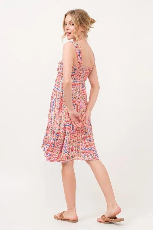And The Why Tied Front Smocked Back Tiered Boho Printed Dress - DAVERRI FASHIONS