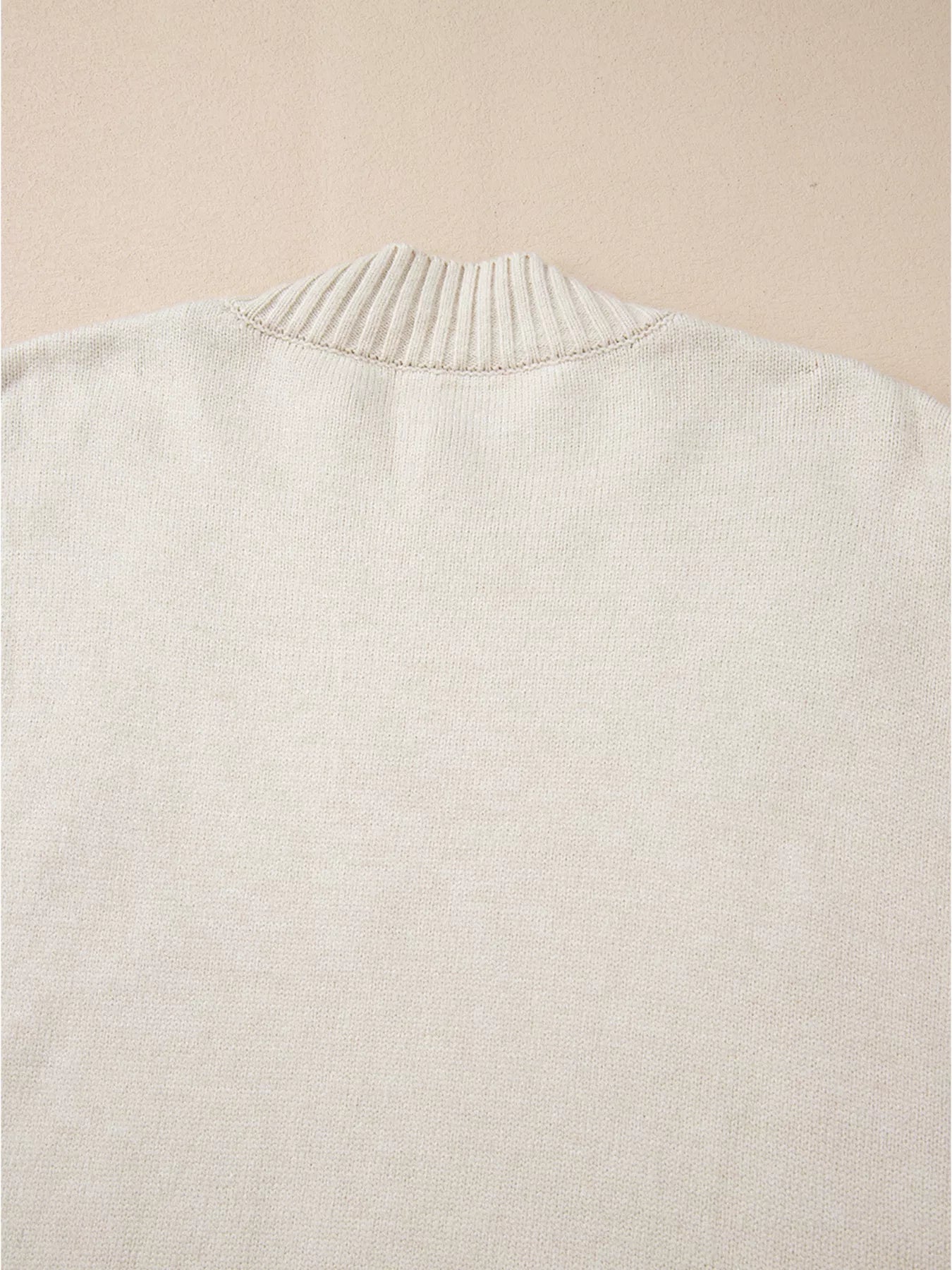 White pleated collar mock neck sweater with textured sheen