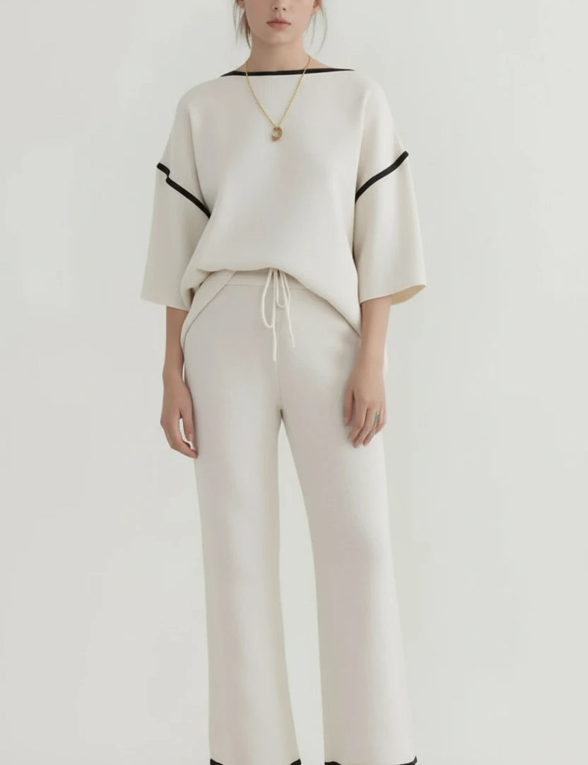 White and black striped cotton blend pants in Contrast Trim set