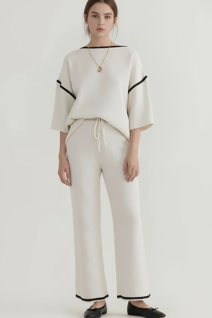 White and black striped cotton blend pants in Contrast Trim set