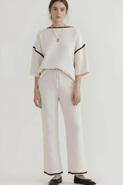 White and black striped cotton blend pants in Contrast Trim set