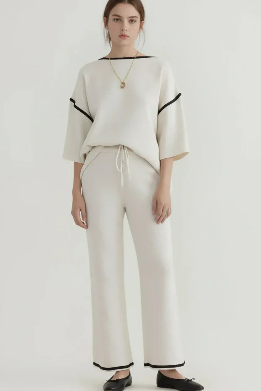 Daverri Fashions Contrast Trim Round Neck Top and Pants Set - DAVERRI FASHIONS