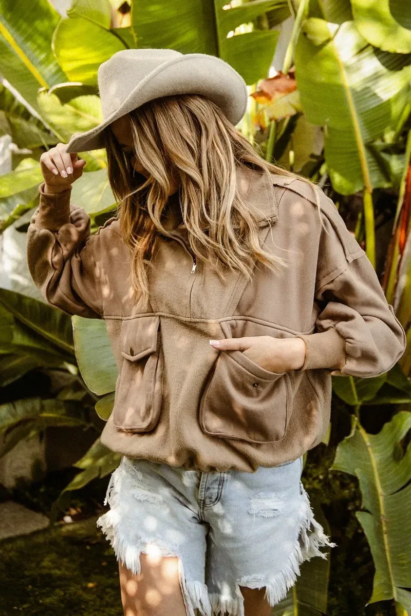 BiBi Half Zip Vintage Washed Fleece Pullover - DAVERRI FASHIONS