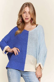 ADORA Side Slit Color Block Long Sleeve Sweater Royal Blue