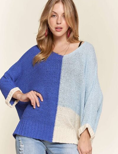 ADORA Side Slit Color Block Long Sleeve Sweater Royal Blue