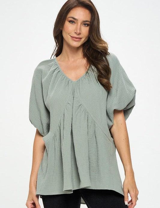 Cotton V neck Puff Sleeve Tunic Top