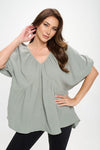 Cotton V neck Puff Sleeve Tunic Top - DAVERRI FASHIONS