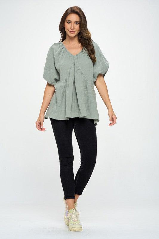 Cotton V neck Puff Sleeve Tunic Top