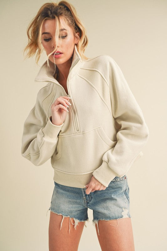 Aemi + Co Funnel Neck Half Zip Sweatshirt BONE S Sweatshirts