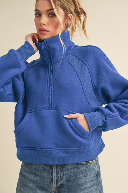 Aemi + Co Funnel Neck Half Zip Sweatshirt COBALT S Sweatshirts
