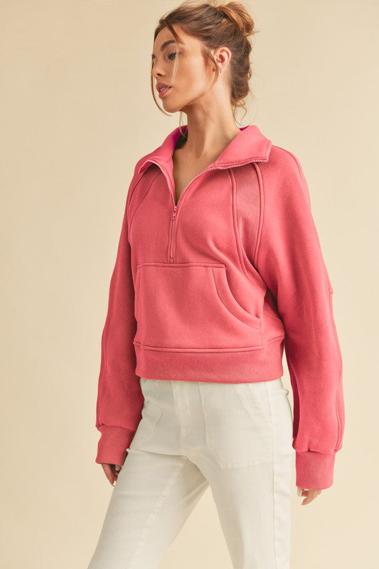 Aemi + Co Funnel Neck Half Zip Sweatshirt CORAL S Sweatshirts