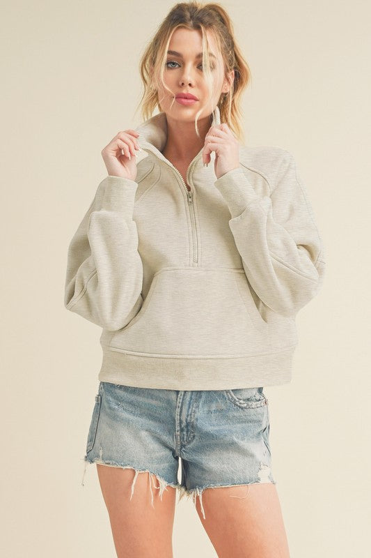 Aemi + Co Funnel Neck Half Zip Sweatshirt HEATHER BONE S Sweatshirts