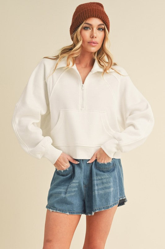 Aemi + Co Funnel Neck Half Zip Sweatshirt WHITE S Sweatshirts
