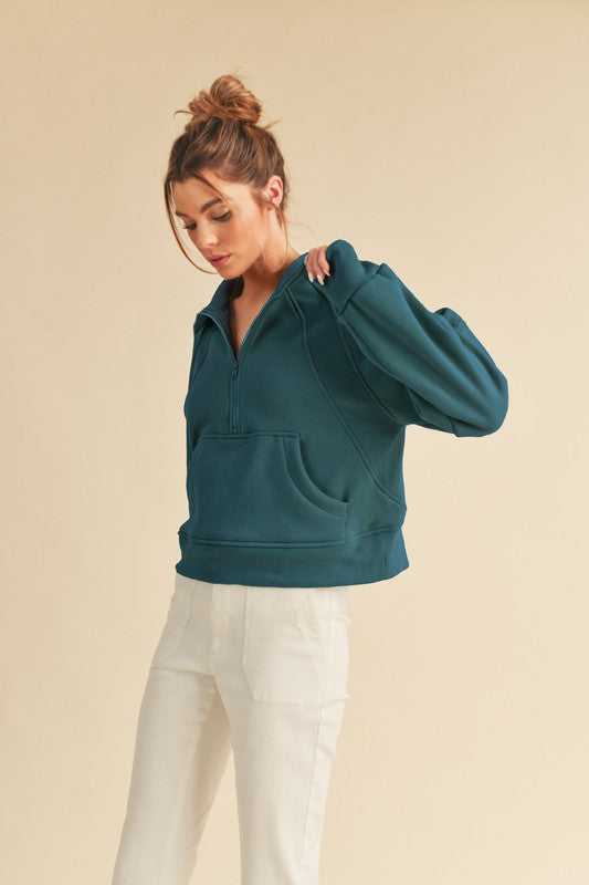 Aemi + Co Funnel Neck Half Zip Sweatshirt TEAL S Sweatshirts