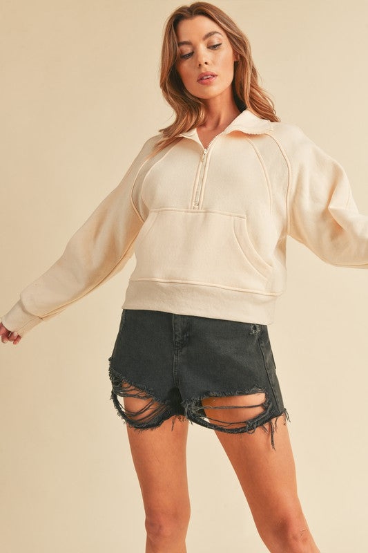 Aemi + Co Funnel Neck Half Zip Sweatshirt CHAMPAGNE S Sweatshirts
