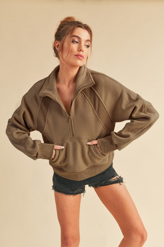 Aemi + Co Funnel Neck Half Zip Sweatshirt BROWN S Sweatshirts