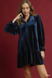 Navy Umgee Velvet Ruffle Trim Mini Dress | Mini Dresses Daverri Fashions