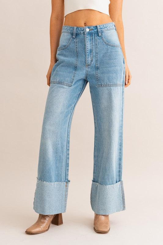 High Waisted Wide Leg Cuffed Jeans Jeans