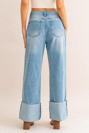 High Waisted Wide Leg Cuffed Jeans Jeans