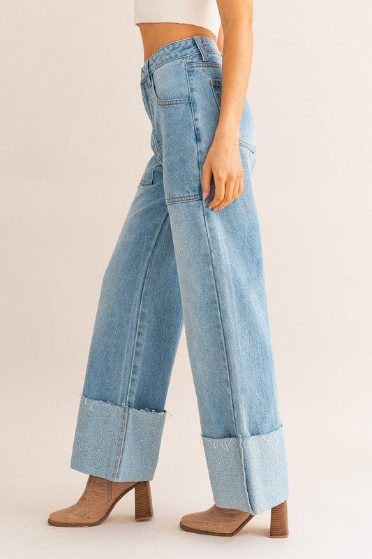 High Waisted Wide Leg Cuffed Jeans Jeans