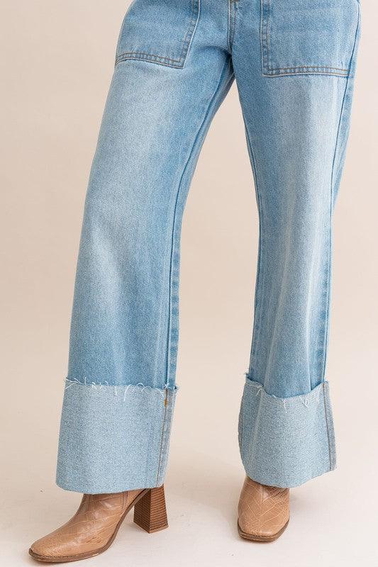 High Waisted Wide Leg Cuffed Jeans Jeans