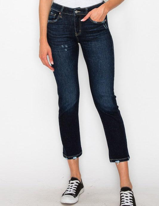 HIGH RISE SKINNY STRAIGHT JEANS DARK STONE WASH