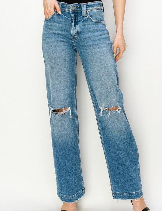 PLUS SIZE - HIGH RISE STRAIGHT LEG JEANS MEDIUM STONE WASH