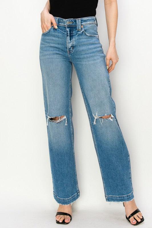 PLUS SIZE - HIGH RISE STRAIGHT LEG JEANS MEDIUM STONE WASH