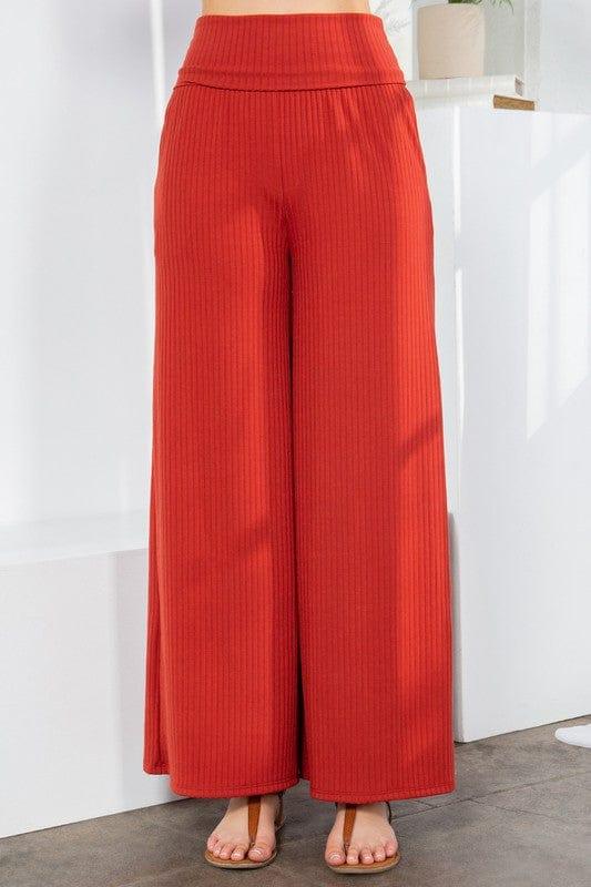 Wide Leg Ribbed Pants with Side Pockets Pants