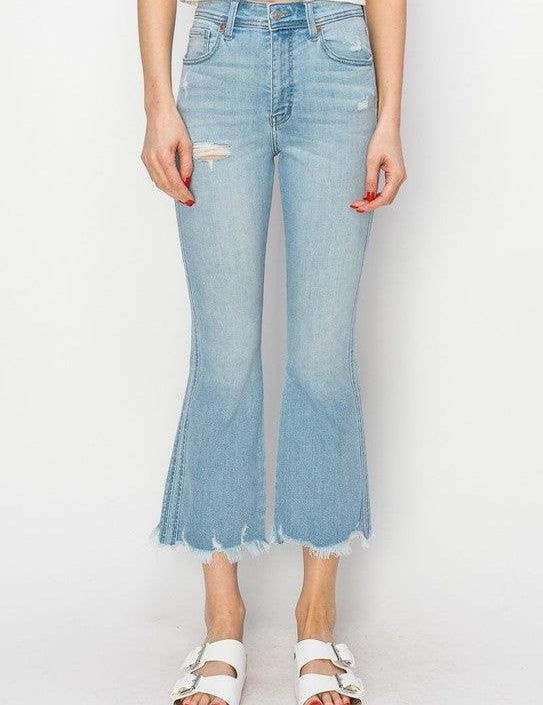 HIGH RISE CROP FLARE JEANS LIGHT STONE