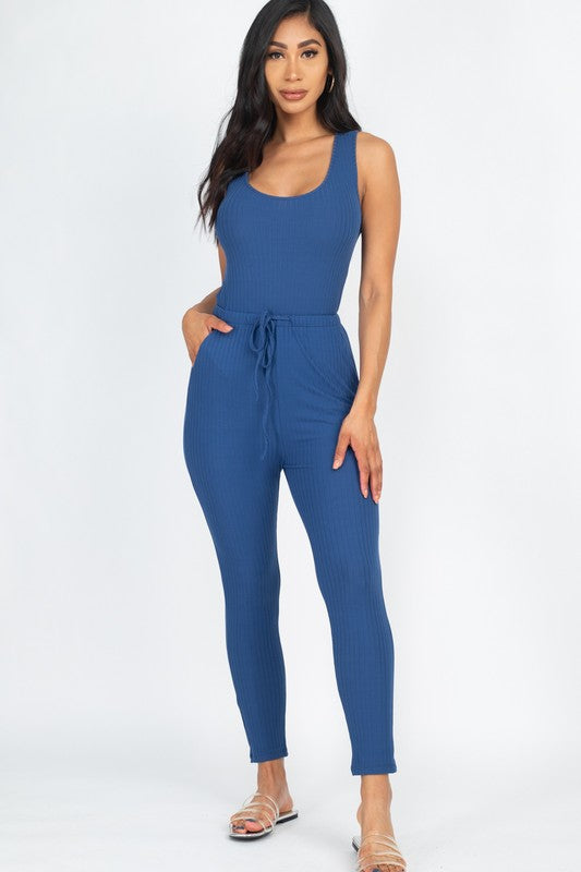 Ribbed Sleeveless Drawstring Jumpsuit Blue haze Jumpsuits