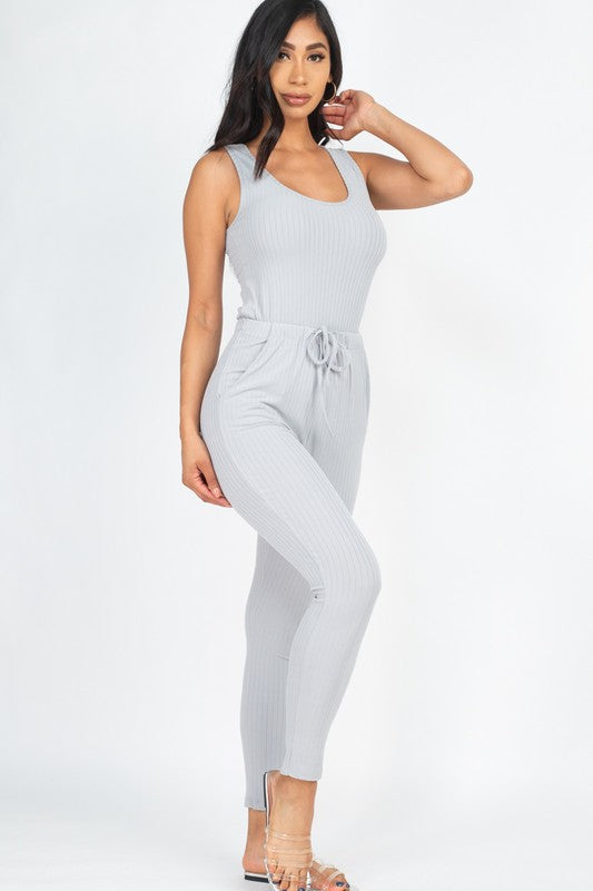 Ribbed Sleeveless Drawstring Jumpsuit Jumpsuits