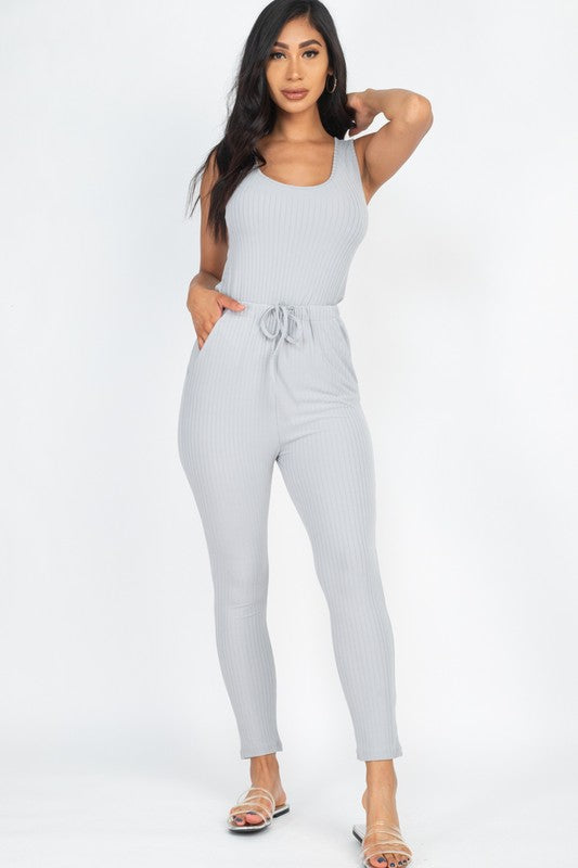 Ribbed Sleeveless Drawstring Jumpsuit Grey Jumpsuits