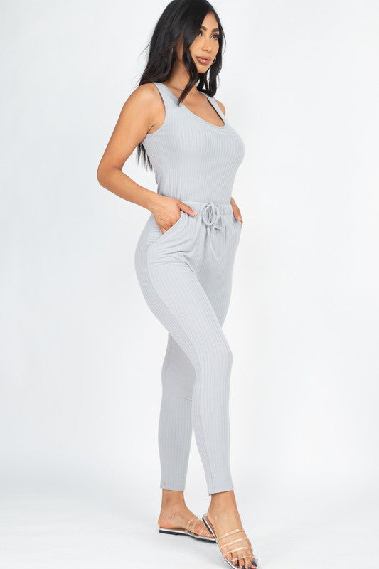Ribbed Sleeveless Drawstring Jumpsuit Jumpsuits