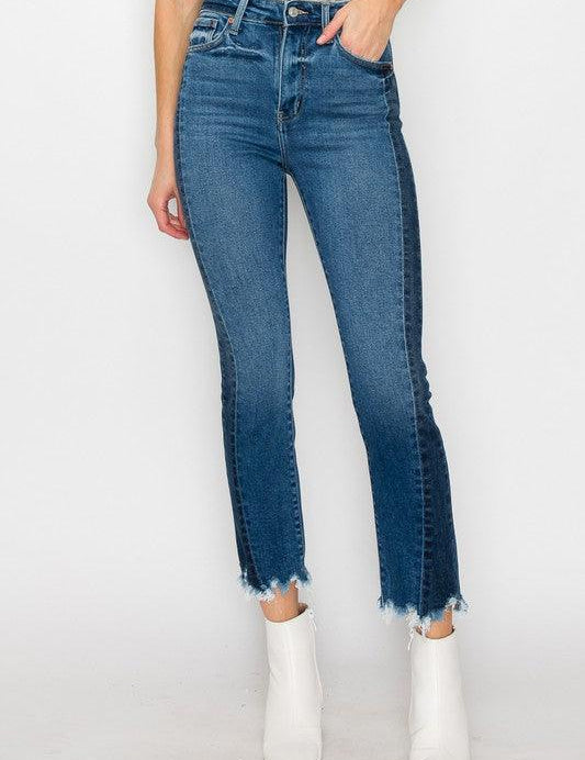 HIGH RISE SLIM STRAIGHT JEANS MEDIUM STONE WASH