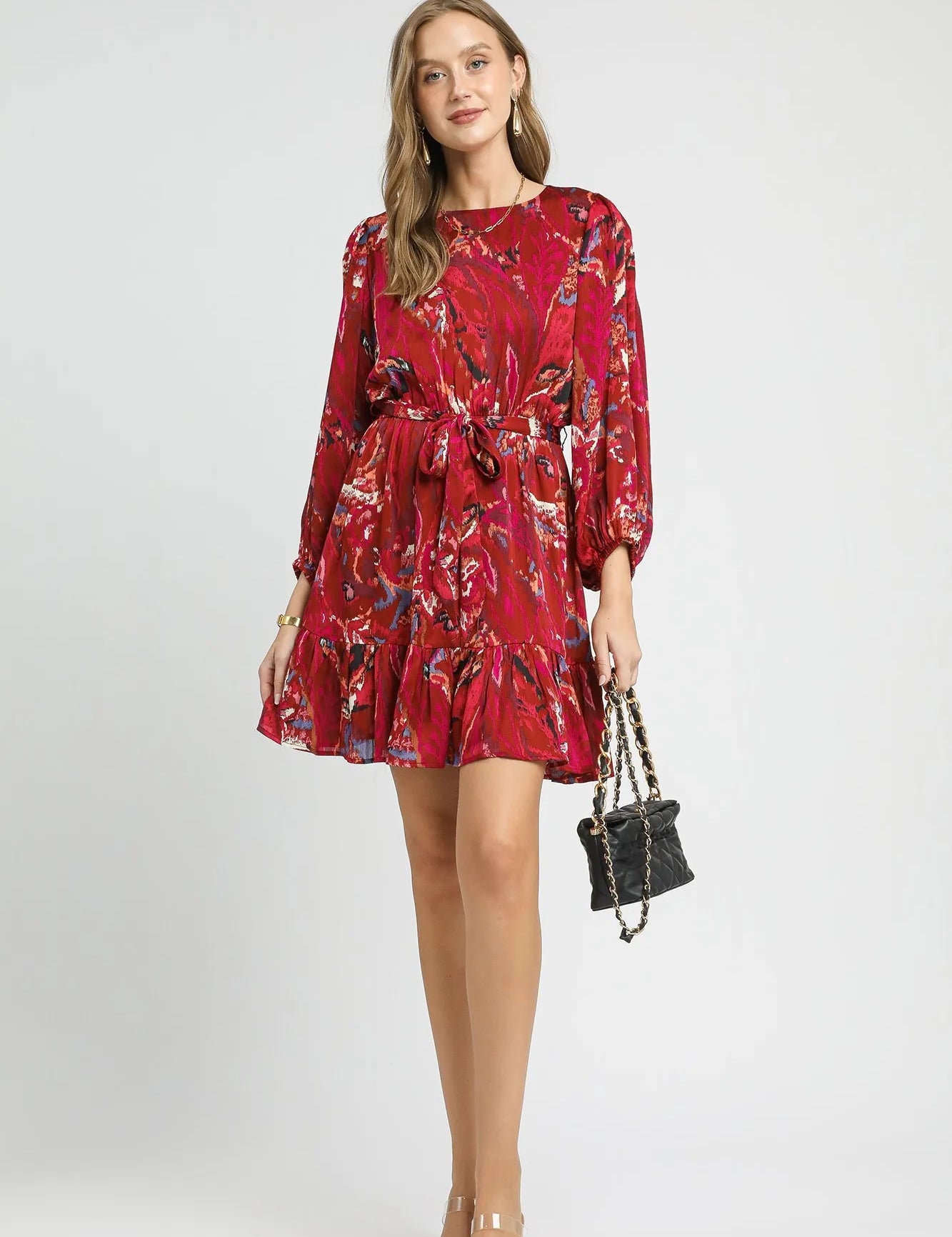 Umgee Ruffled Hem Printed Balloon Sleeve Dress | Mini Dresses Daverri Fashions