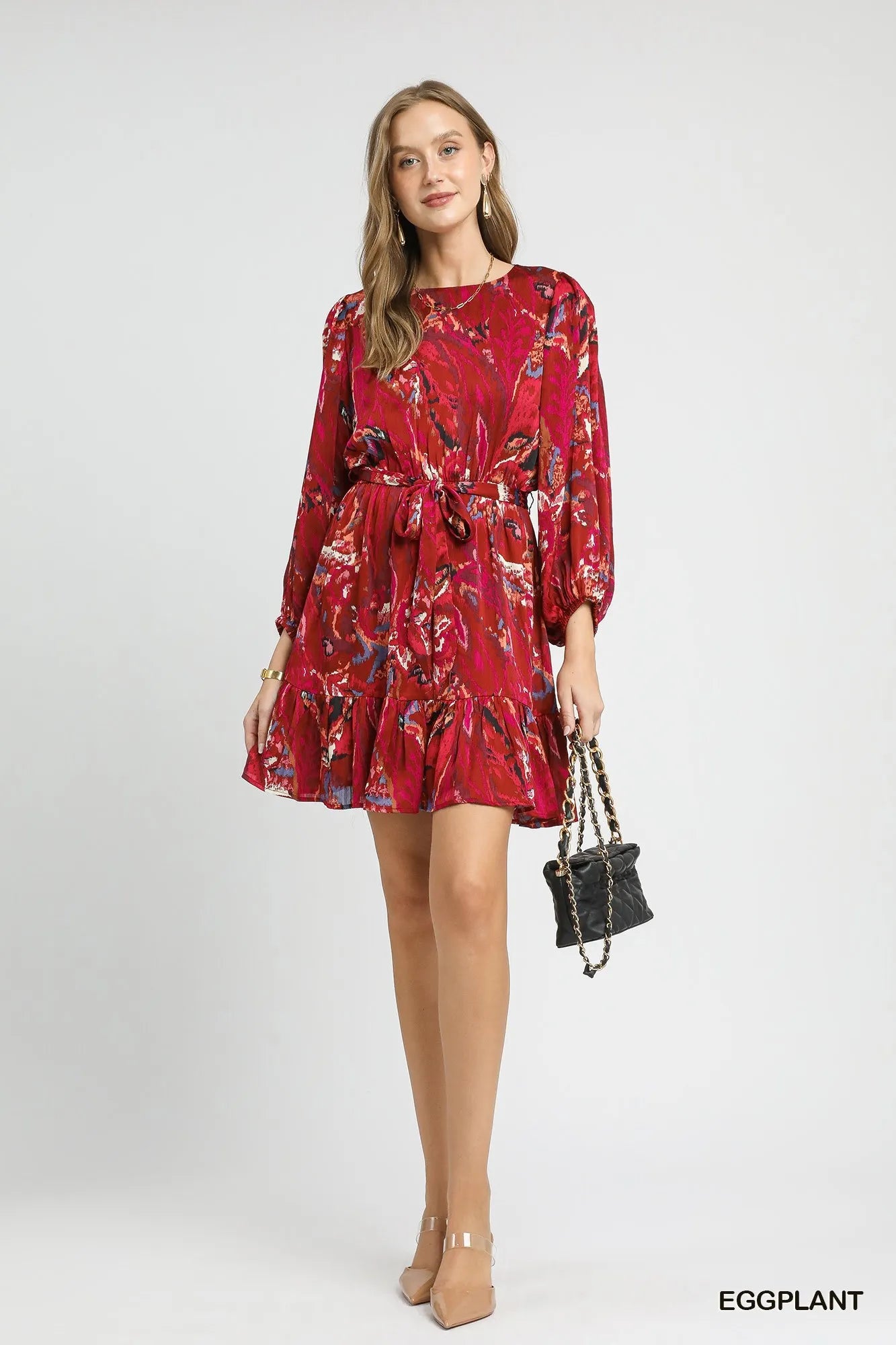Umgee Ruffled Hem Printed Balloon Sleeve Dress Mini Dresses