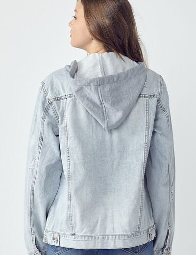 RISEN Full Size Distressed Drawstring Hooded Denim Jacket