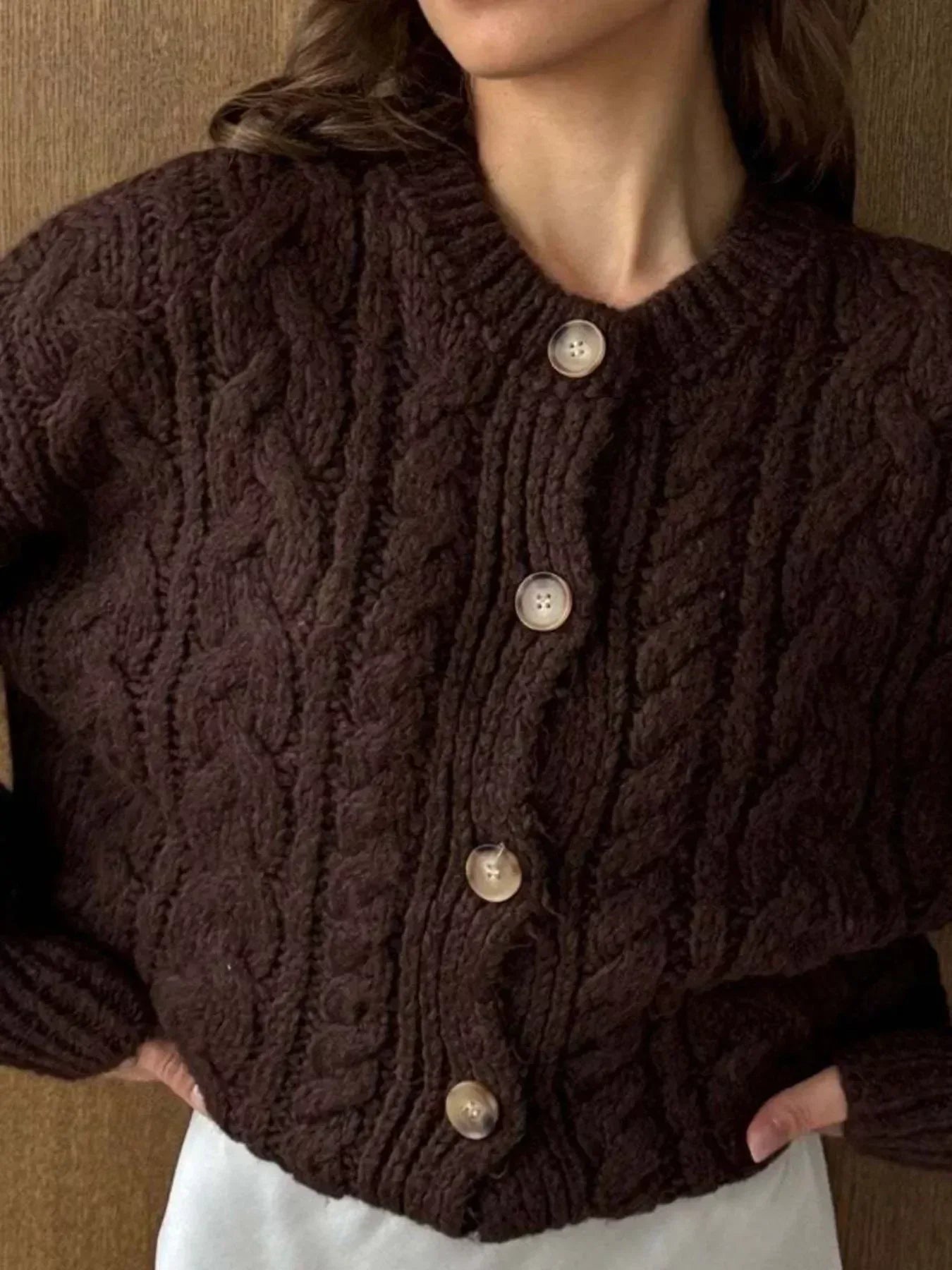 Cable Knit Button-Down Cardigan - DAVERRI FASHIONS