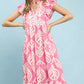 Pink and white peony leaf print tiered midi dress with pockets and ruffles
