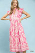 Pink and white peony leaf print tiered midi dress with pockets and ruffles