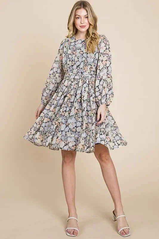 Lime 'N' Chili Chiffon Floral Print Belted Dress with Back Zipper - DAVERRI FASHIONS