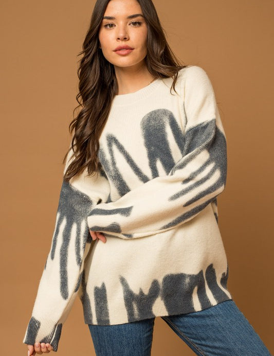 Gilli Long Sleeve Spray Print Sweater CREAM-BLUE L Sweaters