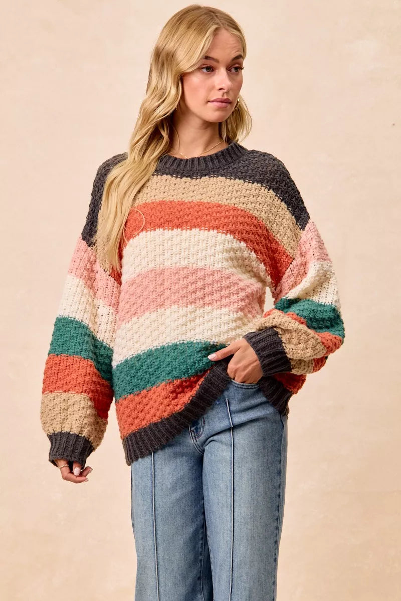 BiBi Stripes Color Block Chunky Sweater | Sweaters Daverri Fashions