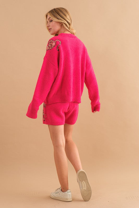 Cozy Soft Knitted Tiger Star Lounge Set Hot Pink Outfit Sets