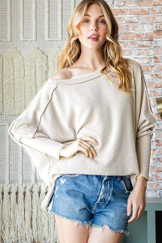 Meet You at the Bookstore Cream Ribbed Long Sleeve | Daverri Fashions