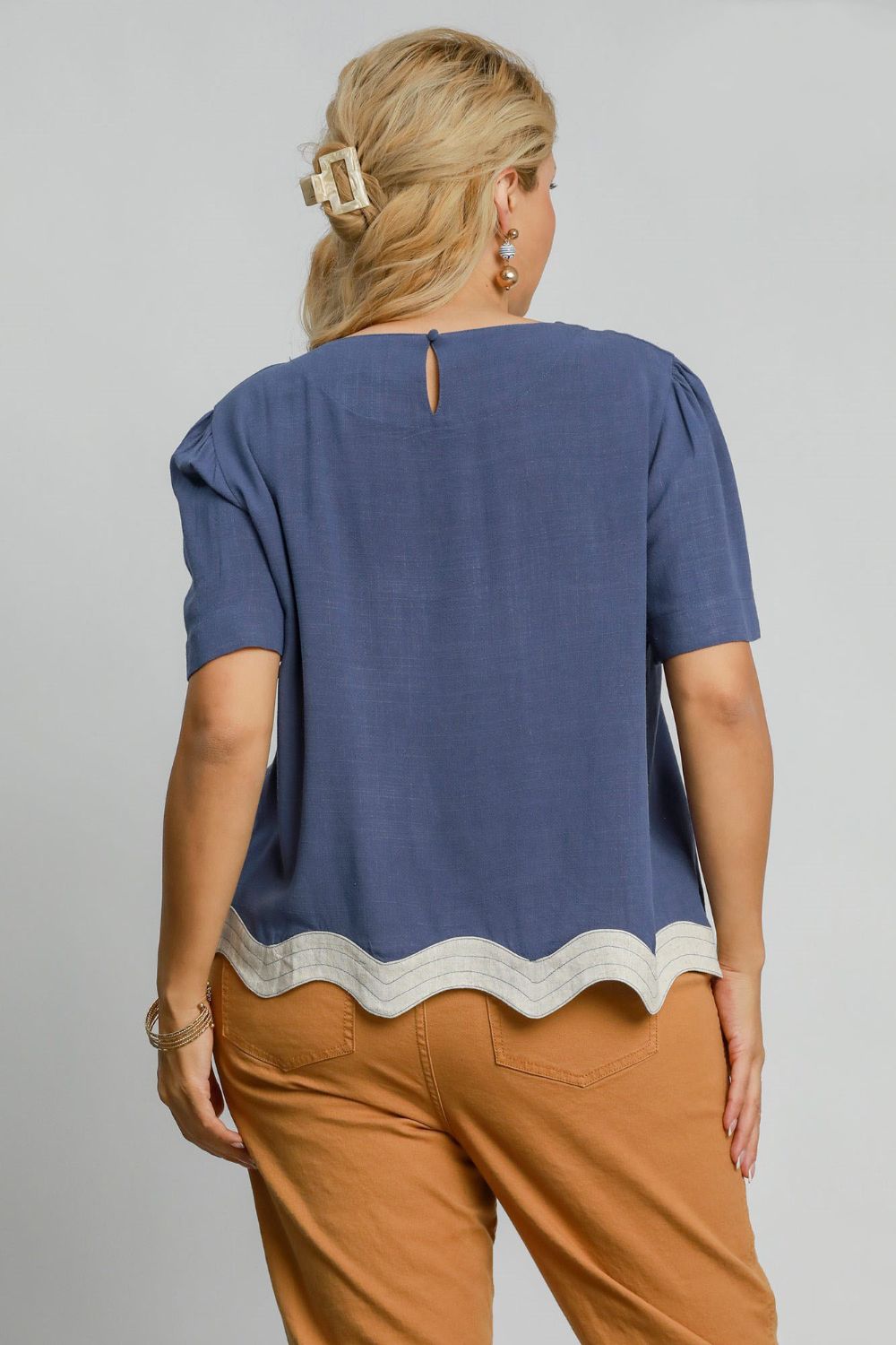 Umgee Full Size Linen Blend Scalloped Hem Top Plus Size Tops